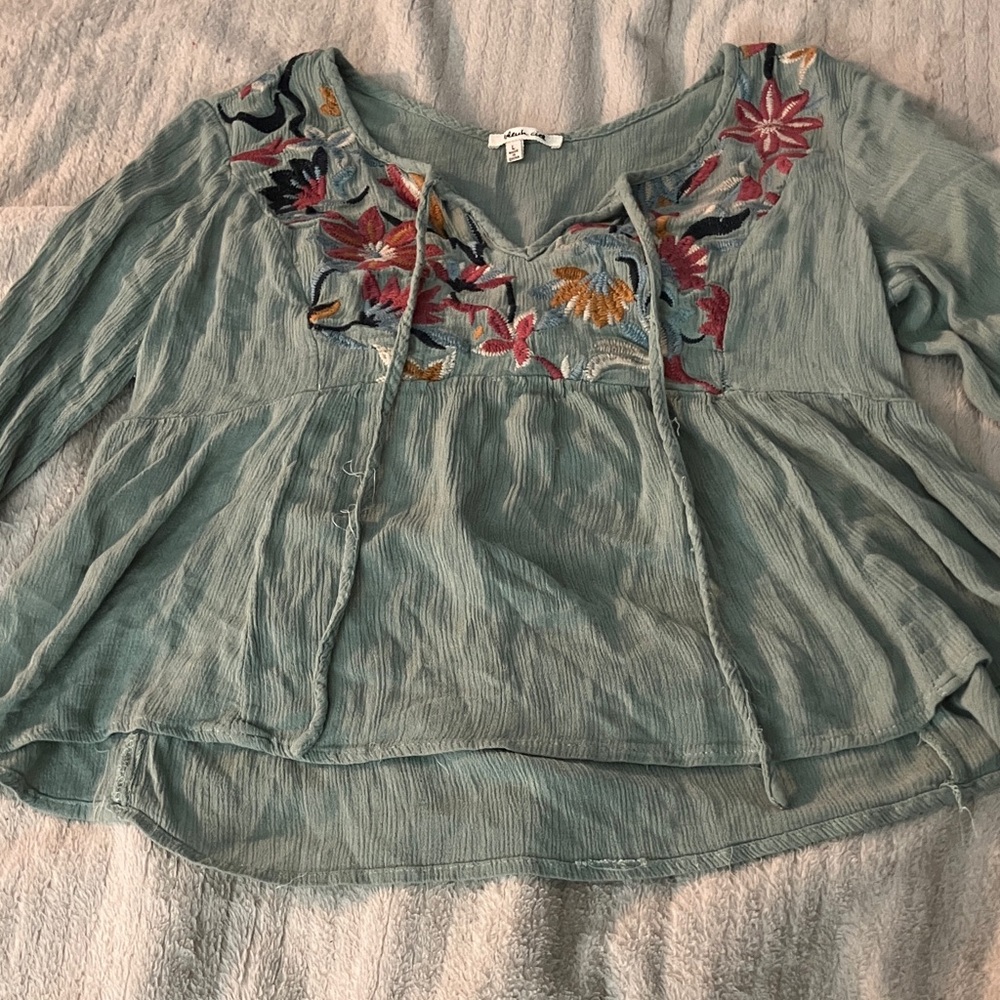 bleuh ciel Embroidered Blouse in Teal with Multicolor Floral Design